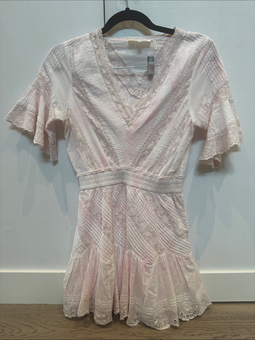 LoveShackFancy Pale Pink Lace-Trimmed Mini Dress